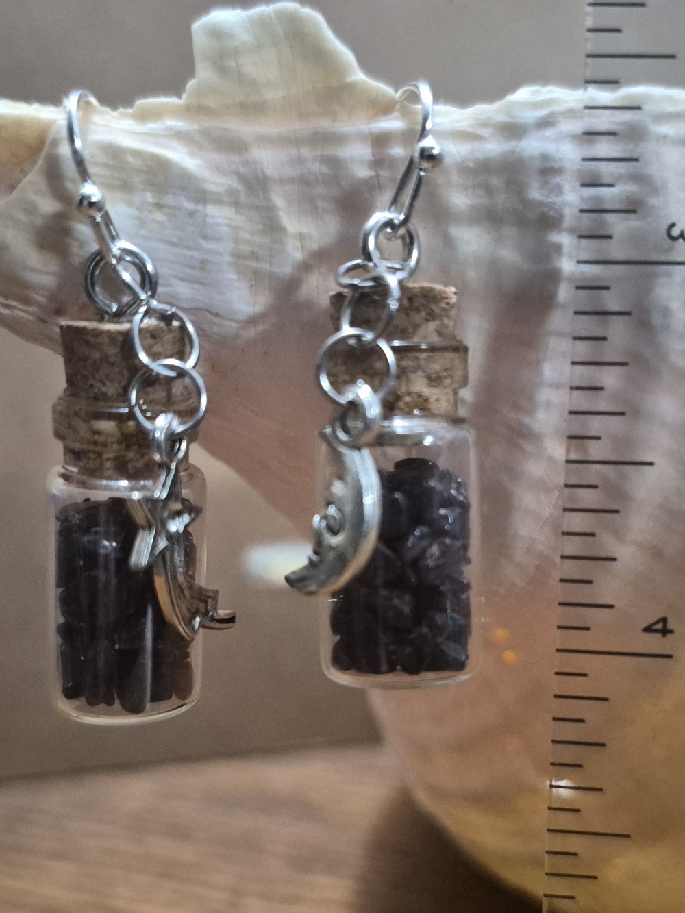 Handmade Garnet Bottle Earrings with Silver Moon Charm